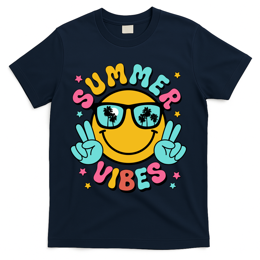 Summer Vibes Tropical Sunset Beach Vacation T-Shirt - Navy