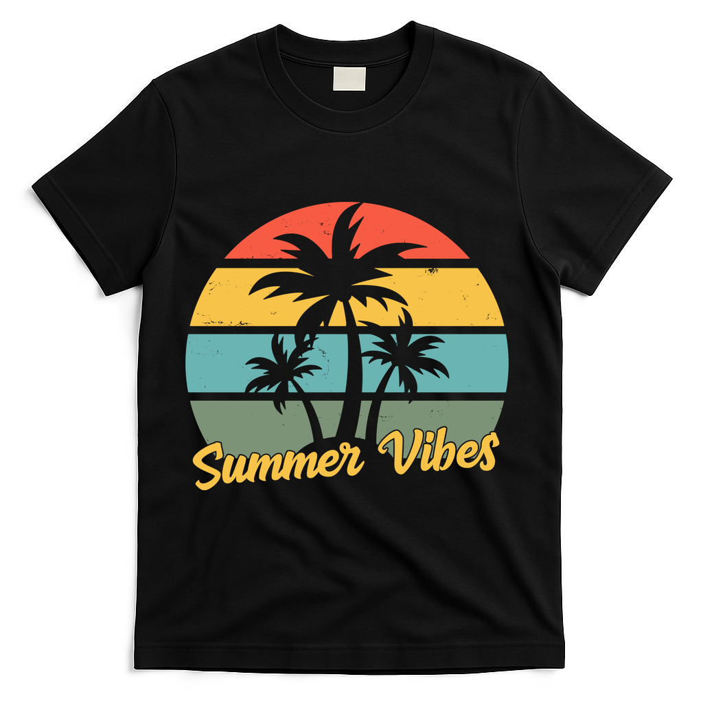 Summer Vibes Tropical Retro Sunset T-Shirt - Black