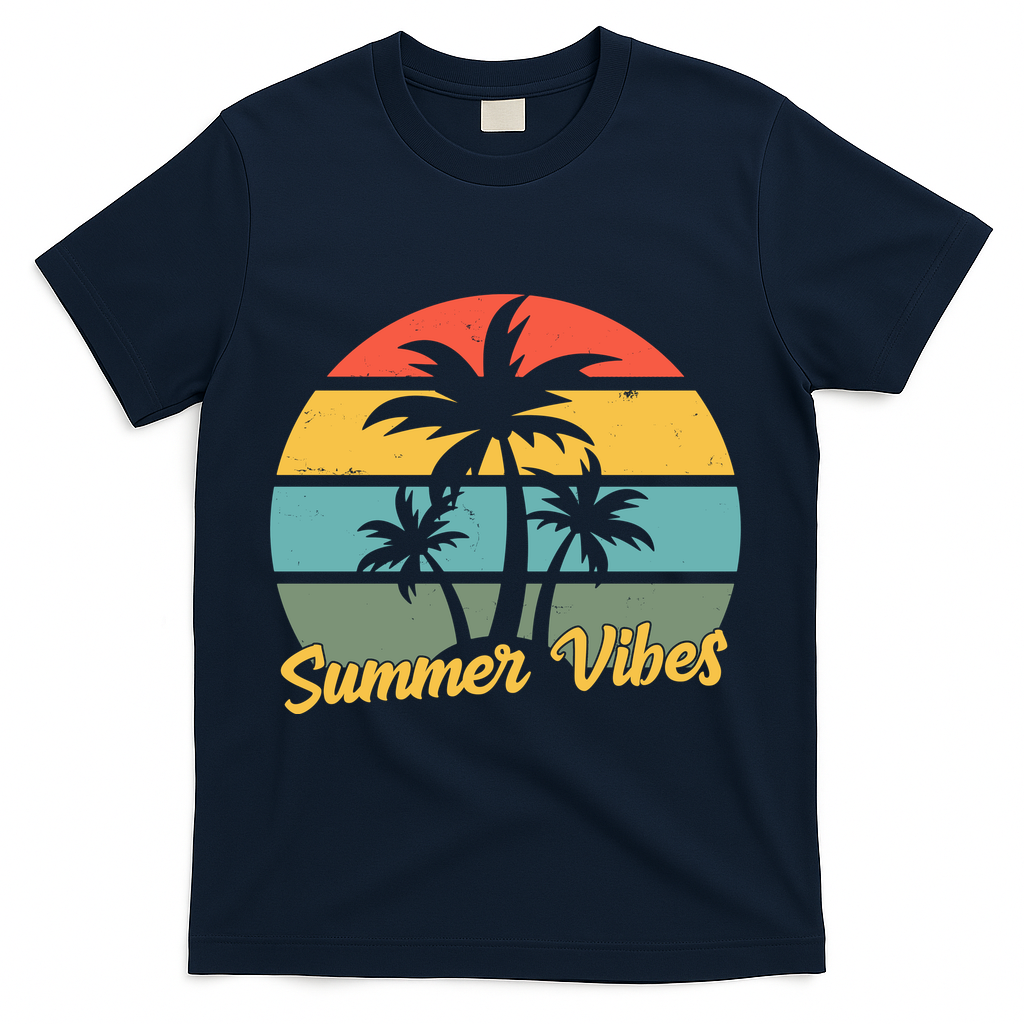 Summer Vibes Tropical Retro Sunset T-Shirt - Navy
