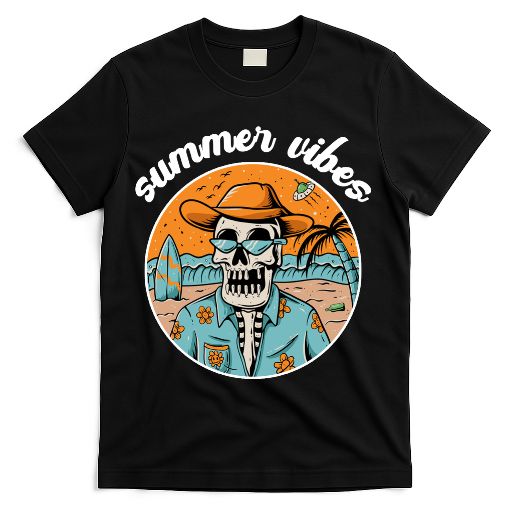 Summer Vibes Vintage Retro Skeleton T-Shirt - Black
