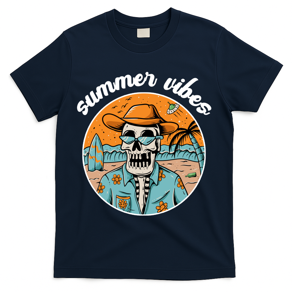 Summer Vibes Vintage Retro Skeleton T-Shirt - Navy