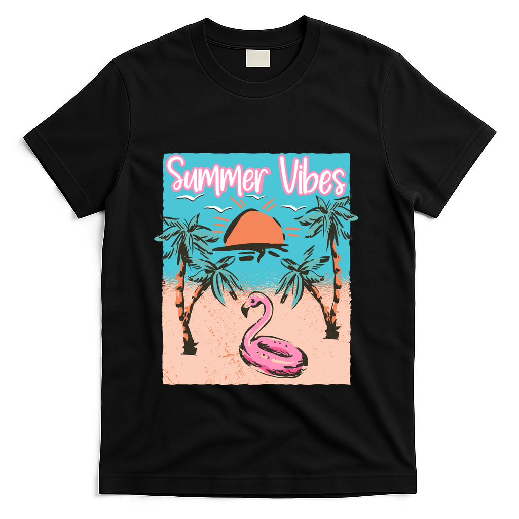 Summer Vibes Vacay Beach Flamingo Vacation Gift T-Shirt - Black