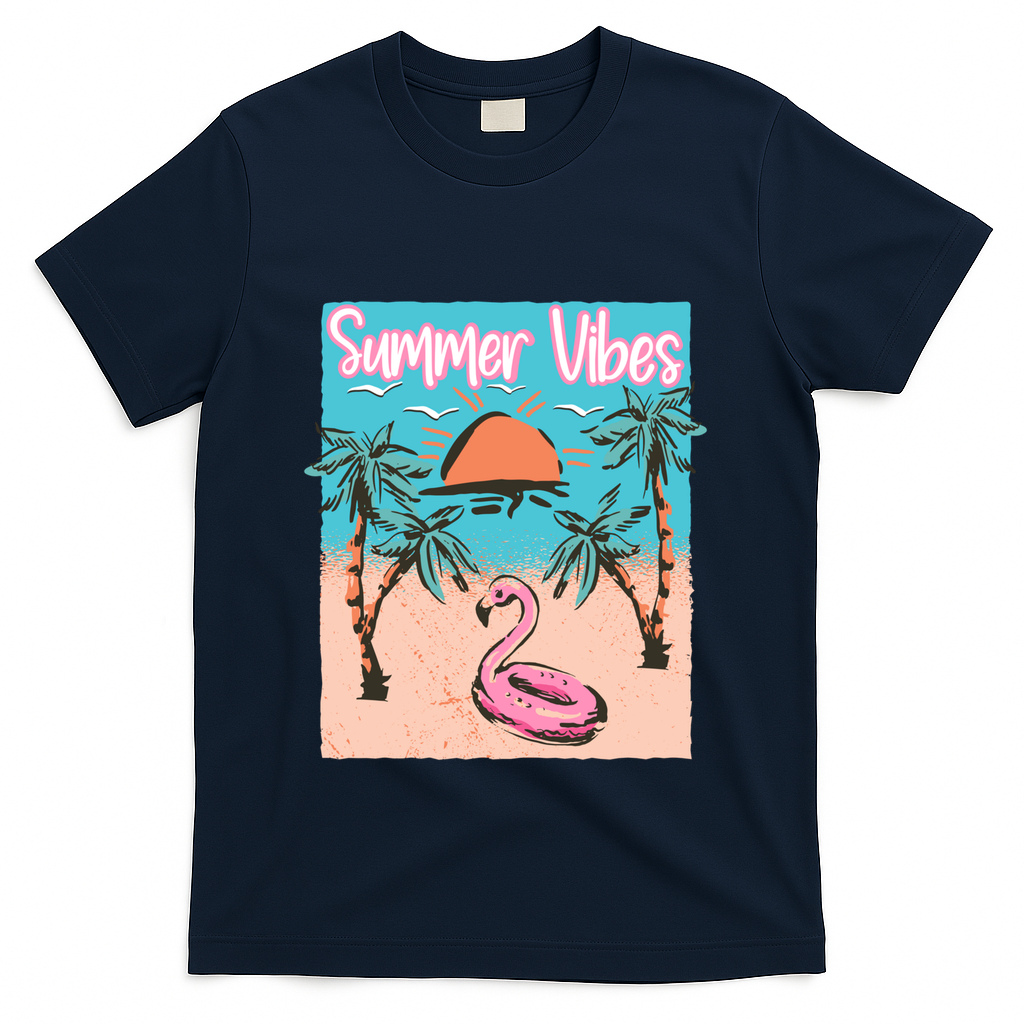 Summer Vibes Vacay Beach Flamingo Vacation Gift T-Shirt - Navy