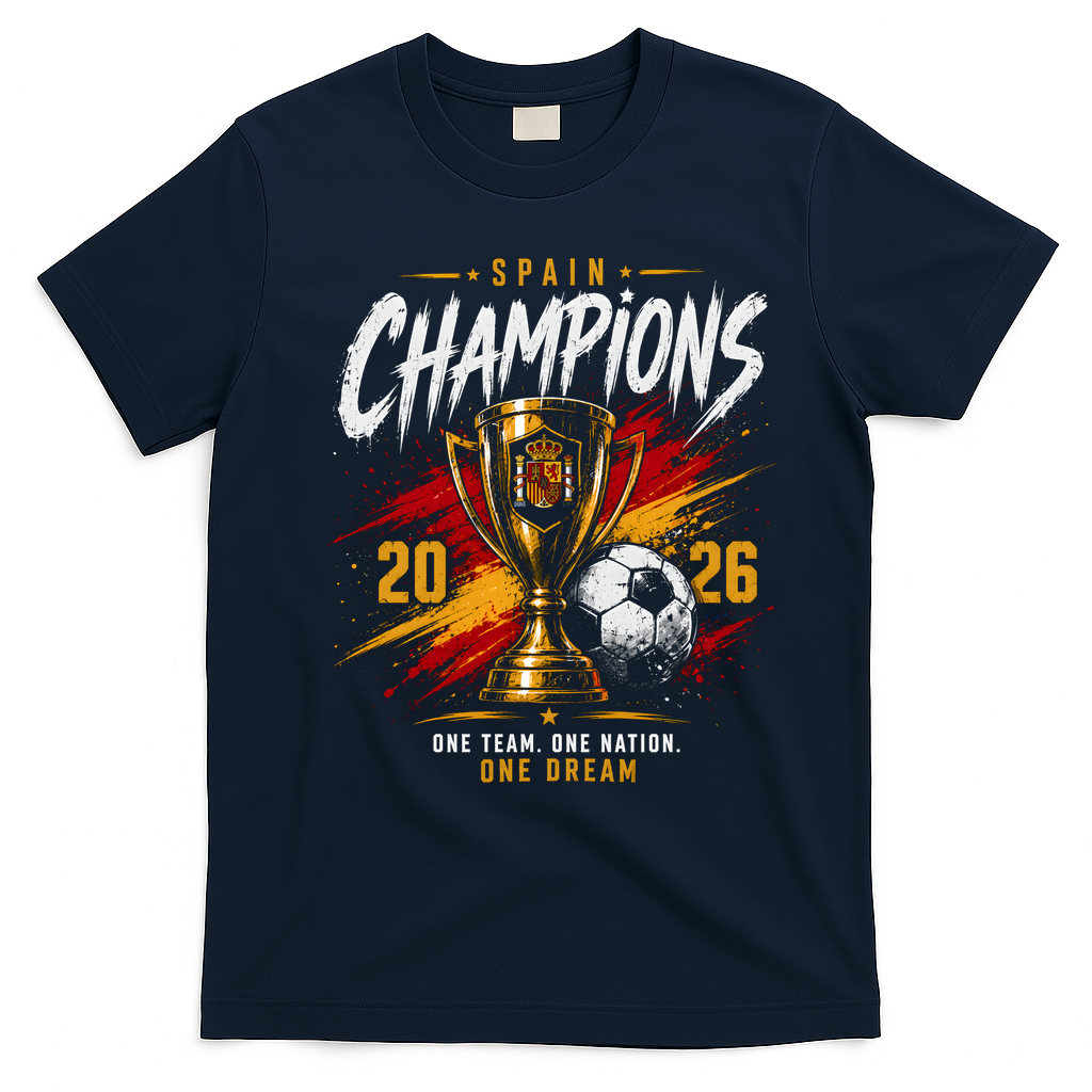 Spain World Champions 2026 Soccer One Team One Dream T-Shirt - Navy Blue