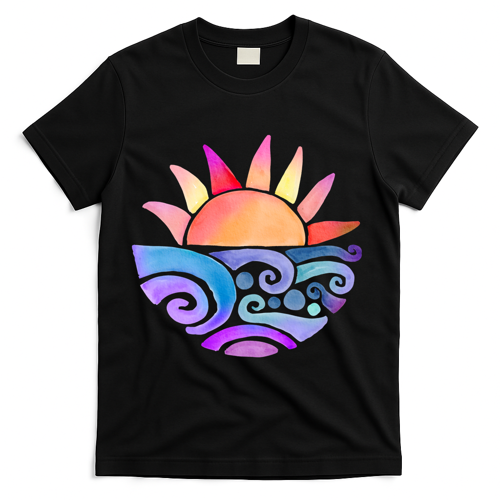 Summer Water Color Sunset Beach T-Shirt - Black