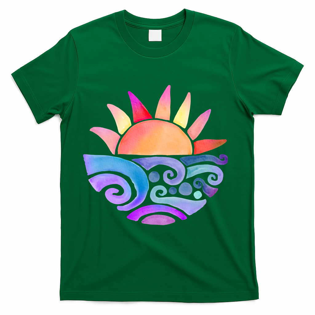 Summer Water Color Sunset Beach T-Shirt - Green