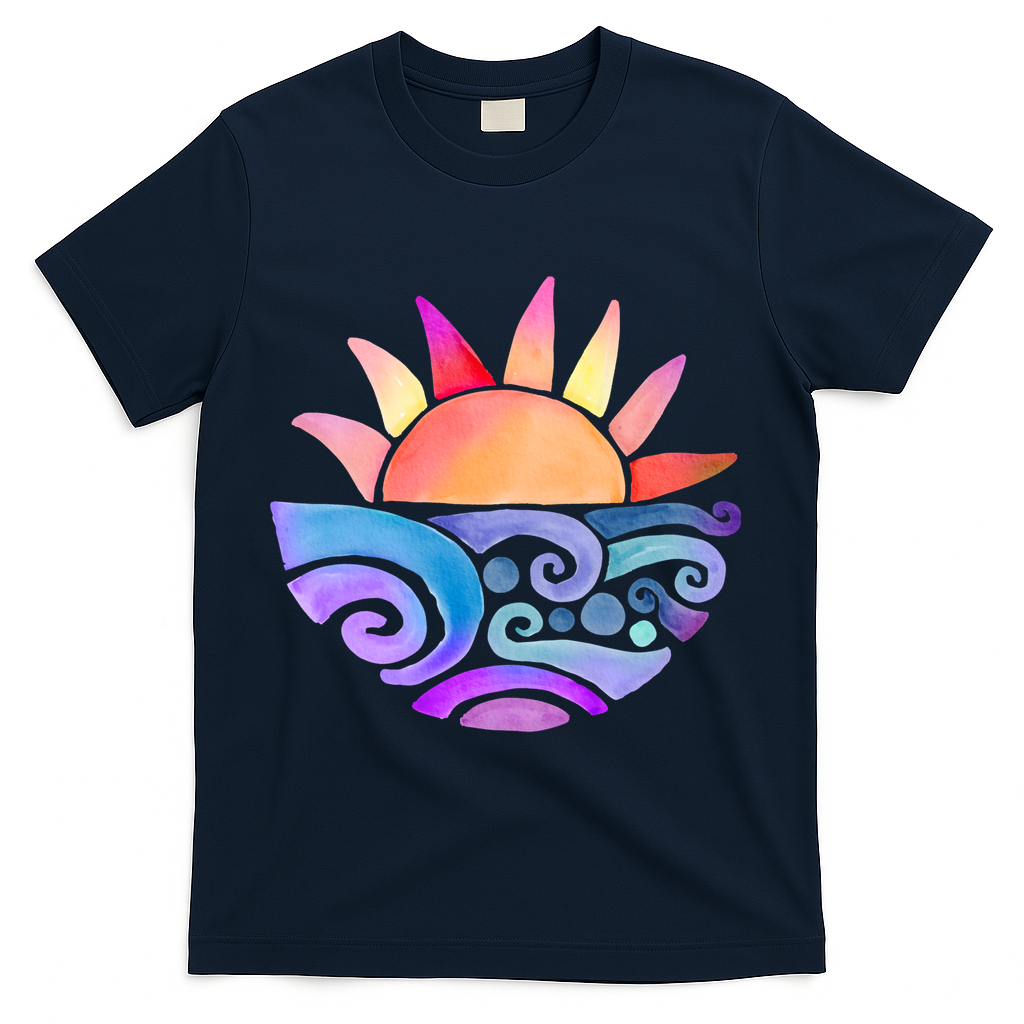 Summer Water Color Sunset Beach T-Shirt - Navy