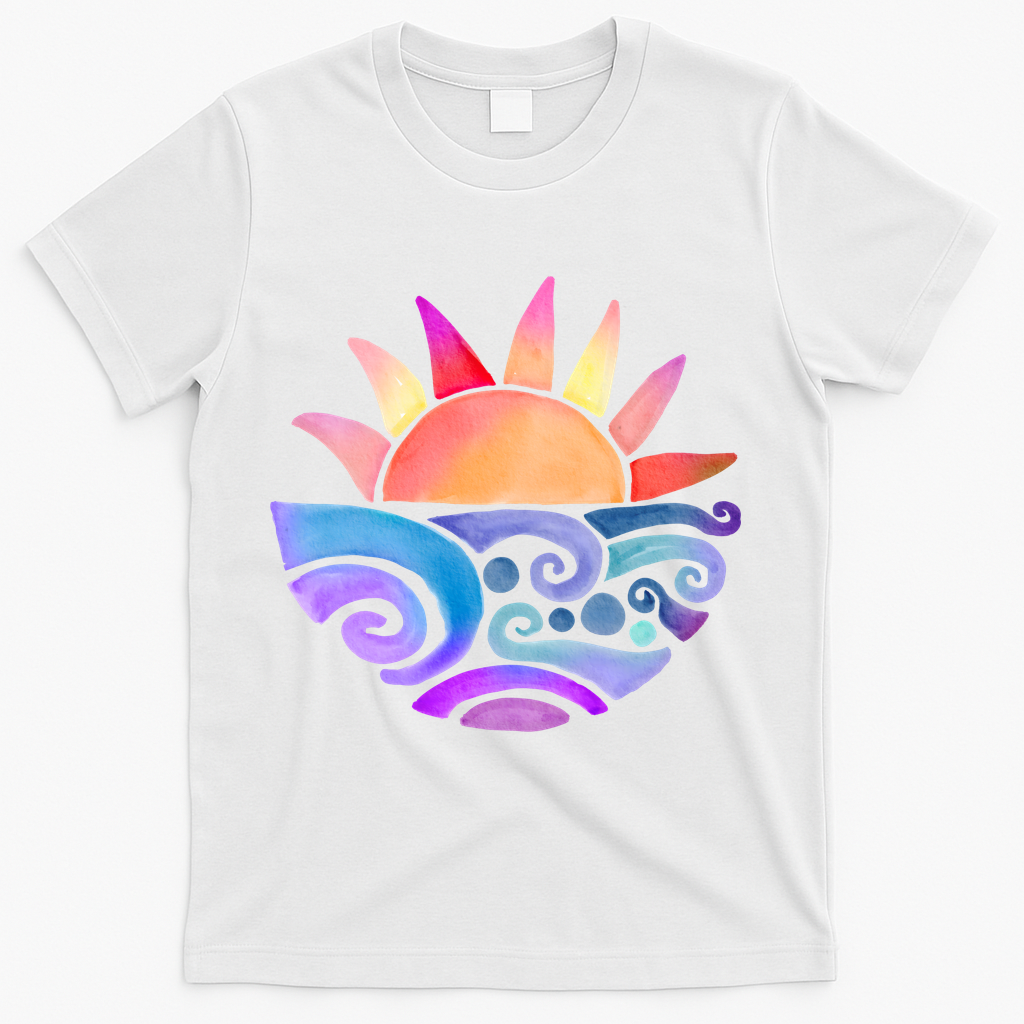 Summer Water Color Sunset Beach T-Shirt - White