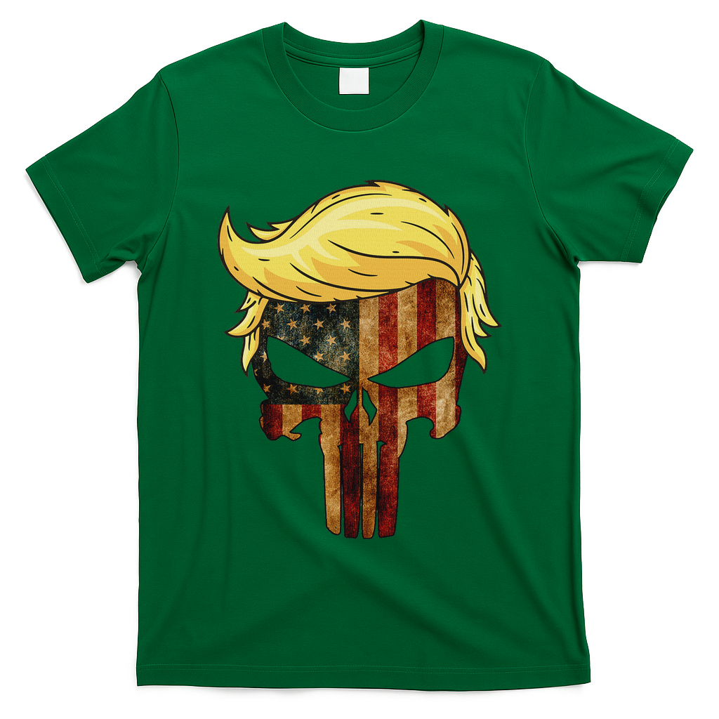 Skull With Iconic Trump Hair American Flag T-Shirt