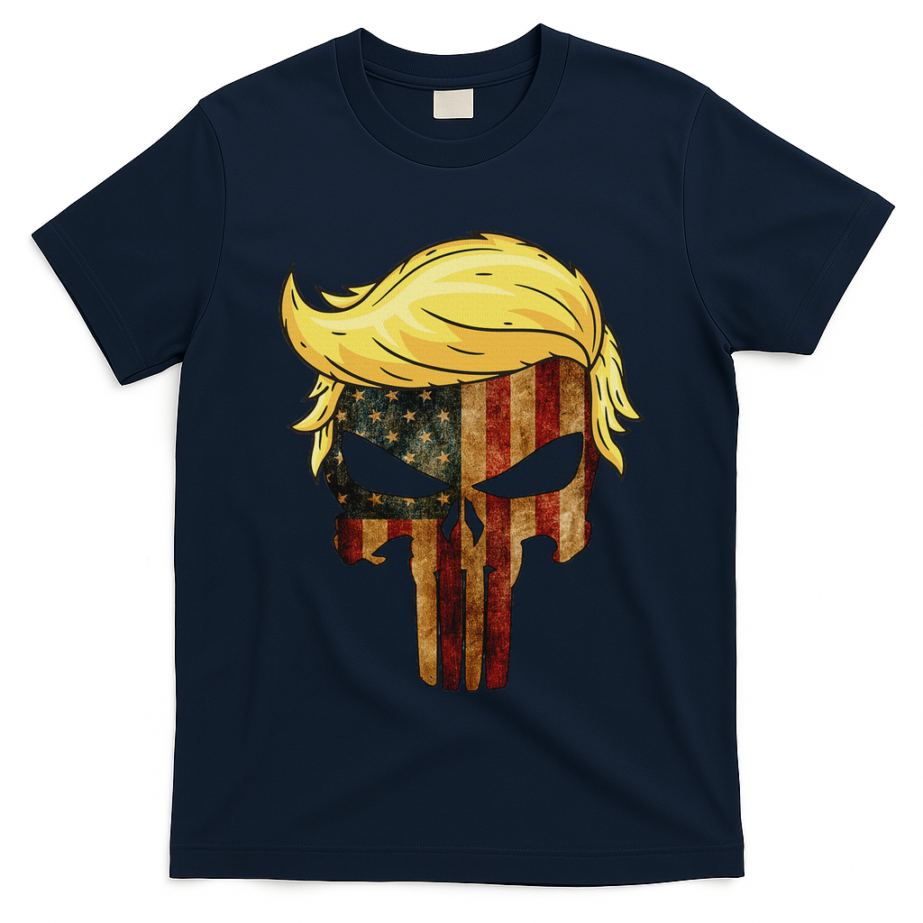 Skull With Iconic Trump Hair American Flag T-Shirt