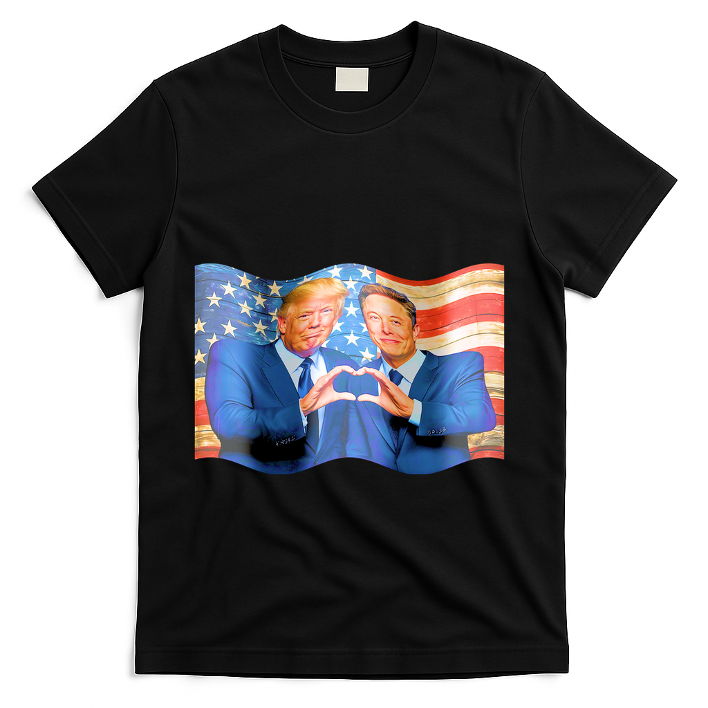 Trump And Musk One Heart Team Funny United States Flag T-Shirt - Black