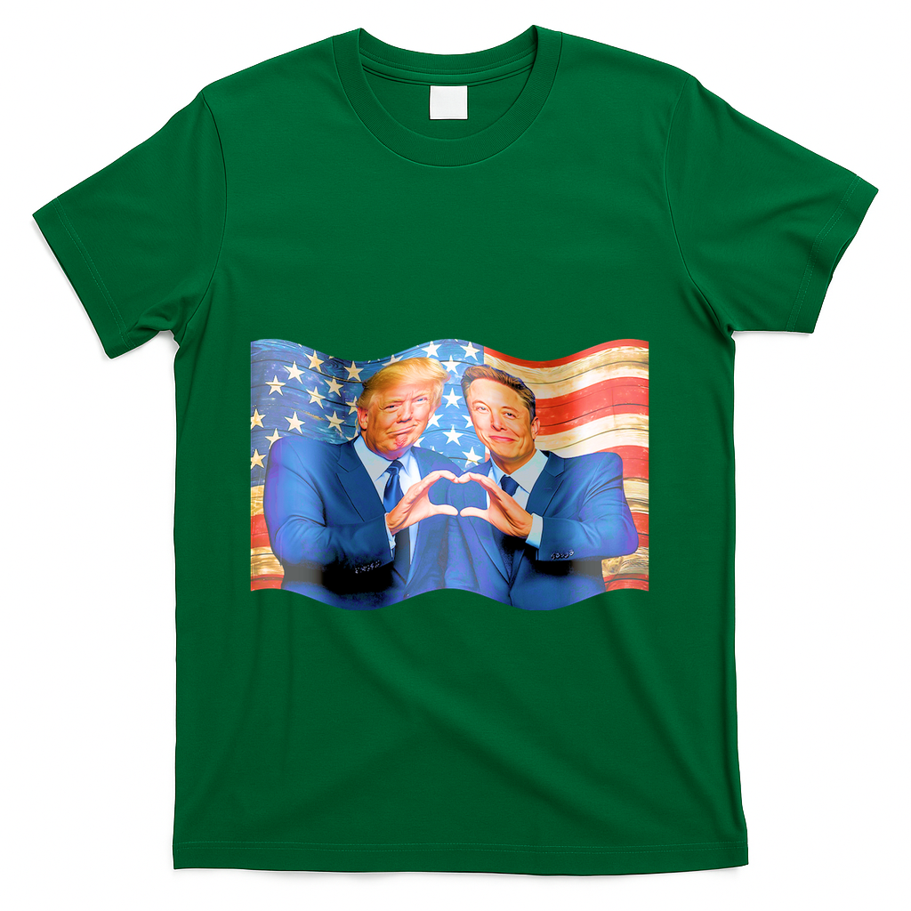 Trump And Musk One Heart Team Funny United States Flag T-Shirt - Green
