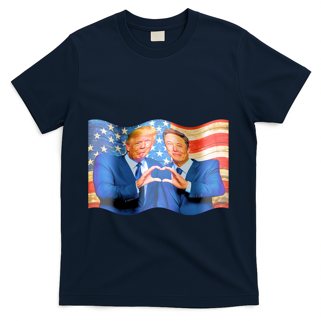 Trump And Musk One Heart Team Funny United States Flag T-Shirt - Navy