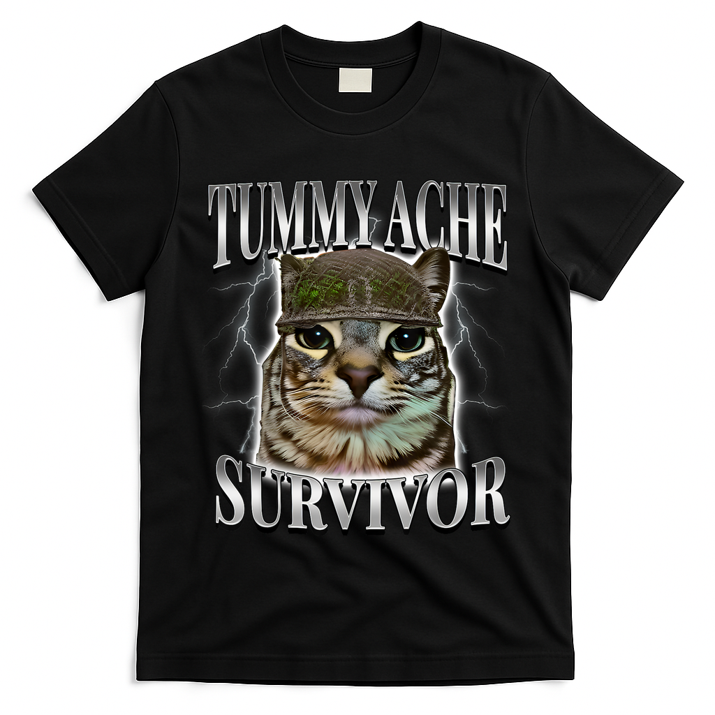 Tummy Ache Survivor Cat Meme Funny Saying Cats Animals  T-Shirt