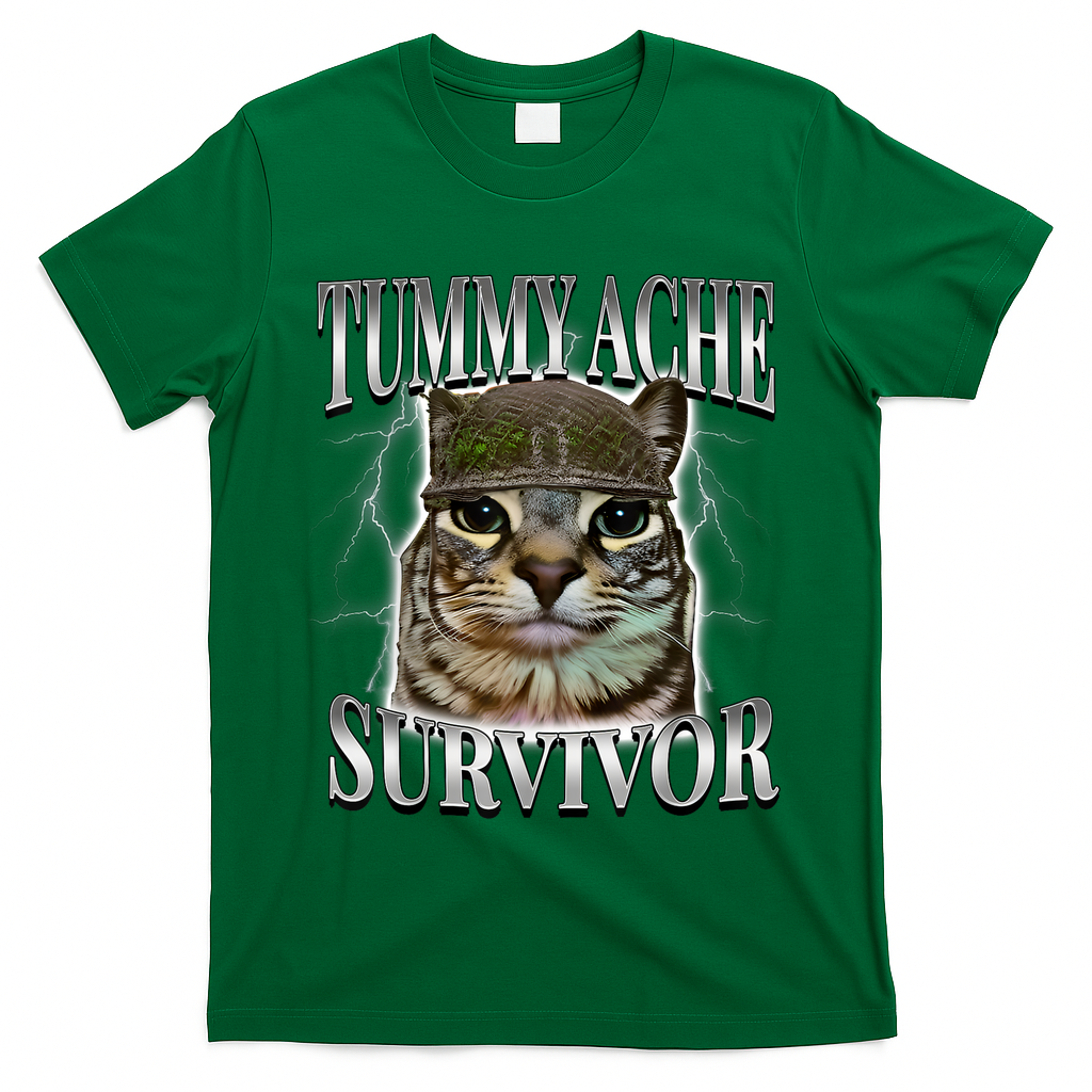 Tummy Ache Survivor Cat Meme Funny Saying Cats Animals  T-Shirt