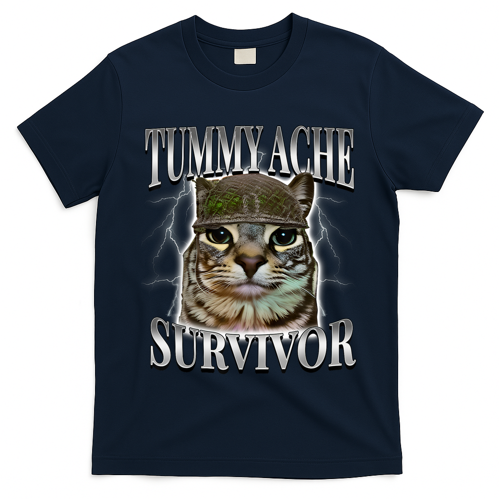 Tummy Ache Survivor Cat Meme Funny Saying Cats Animals  T-Shirt