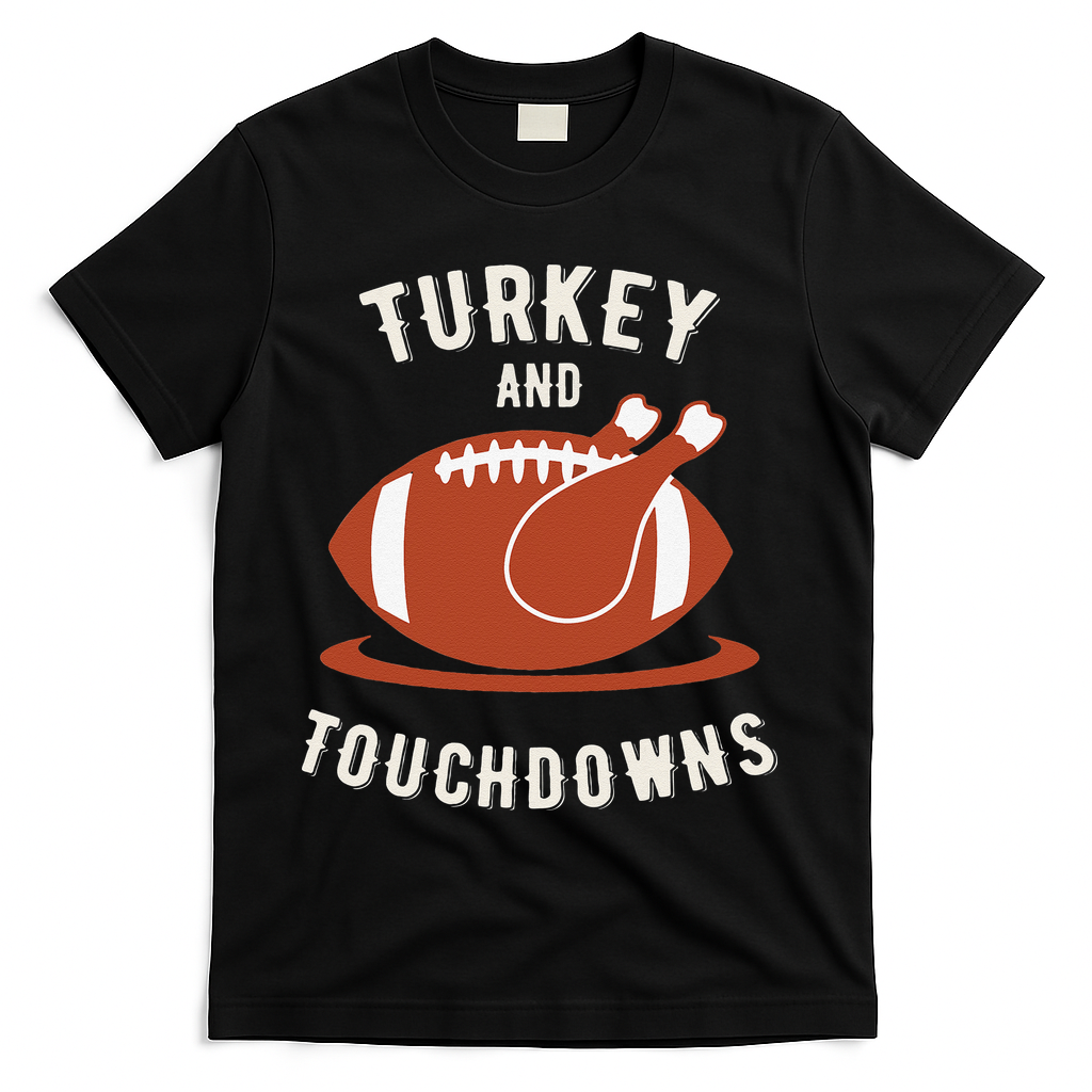 Turkey And Touchdowns Funny Thanksgiving T-Shirt - Black