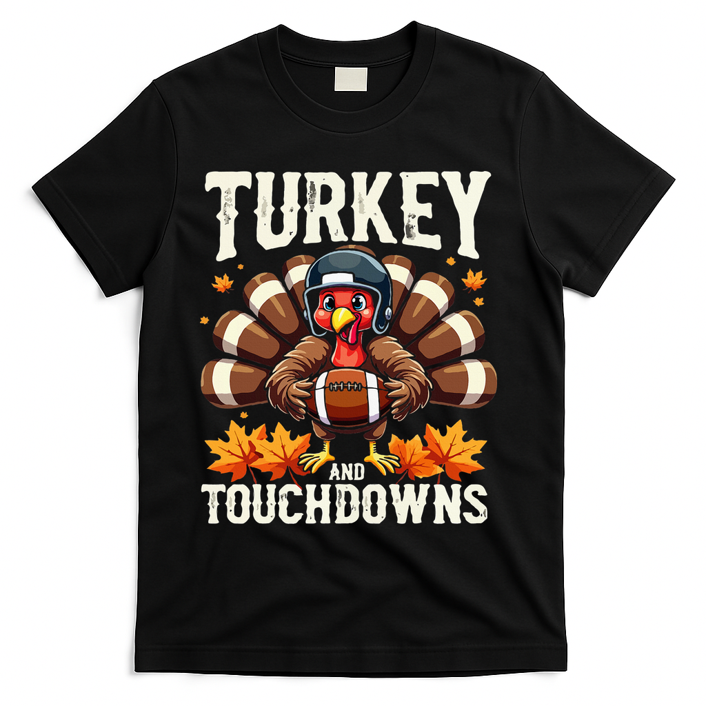 Turkey And Touchdowns Football Thanksgiving T-Shirt - Black
