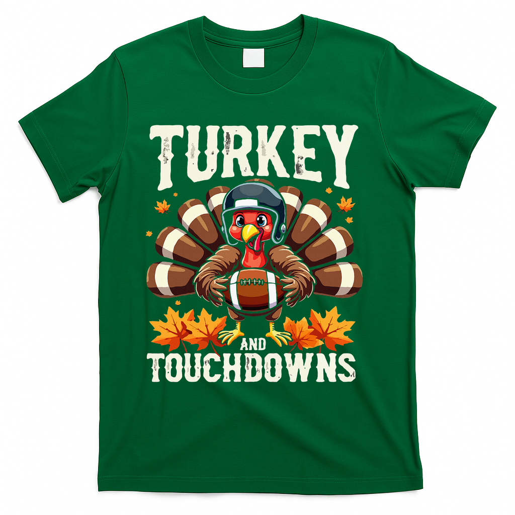 Turkey And Touchdowns Football Thanksgiving T-Shirt - Green