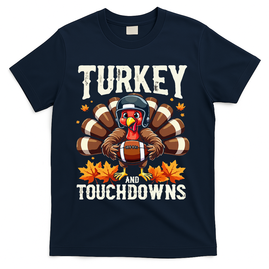 Turkey And Touchdowns Football Thanksgiving T-Shirt - Navy