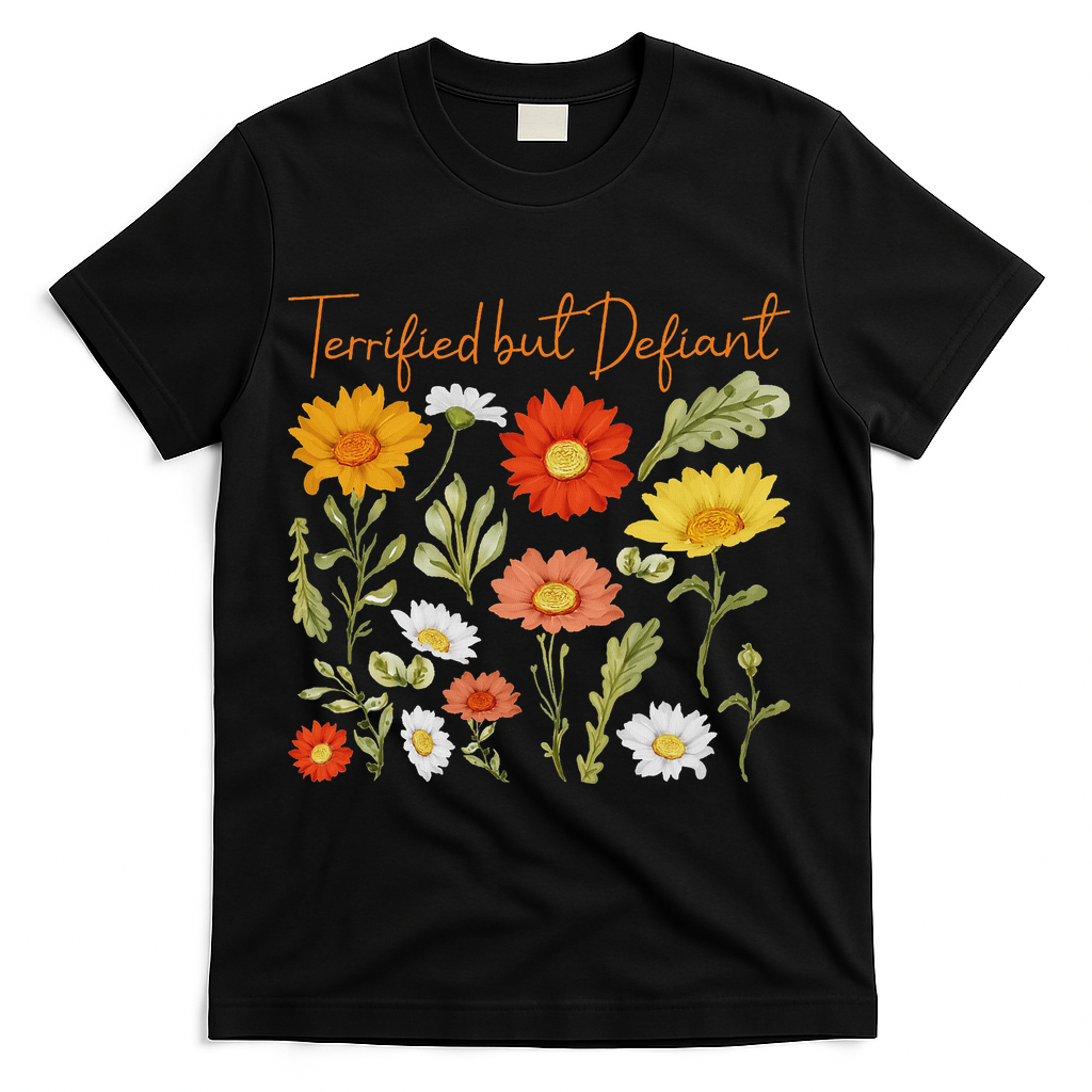 Terrified But Defiant Boho Floral Subtle Anti Trump Flower T-Shirt - Black