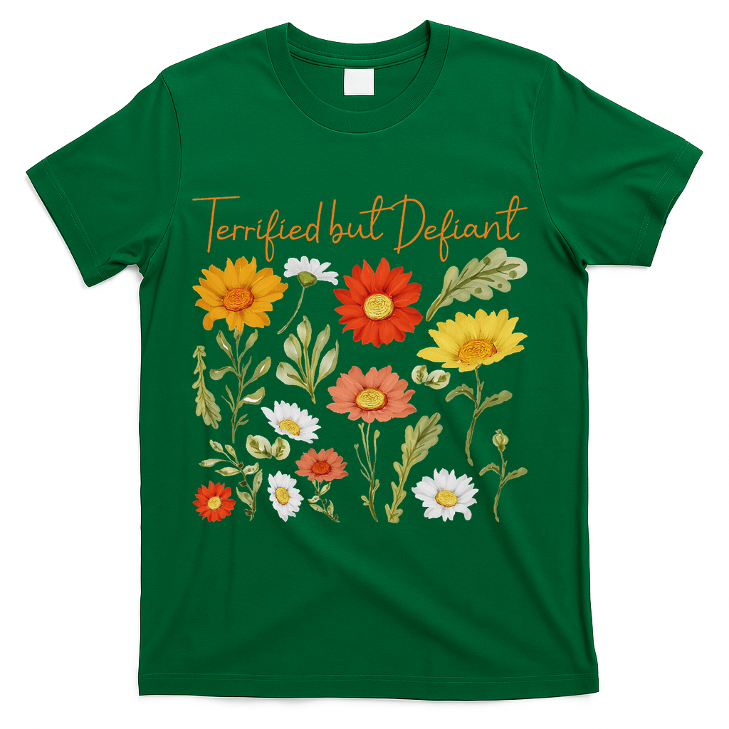 Terrified But Defiant Boho Floral Subtle Anti Trump Flower T-Shirt - Green