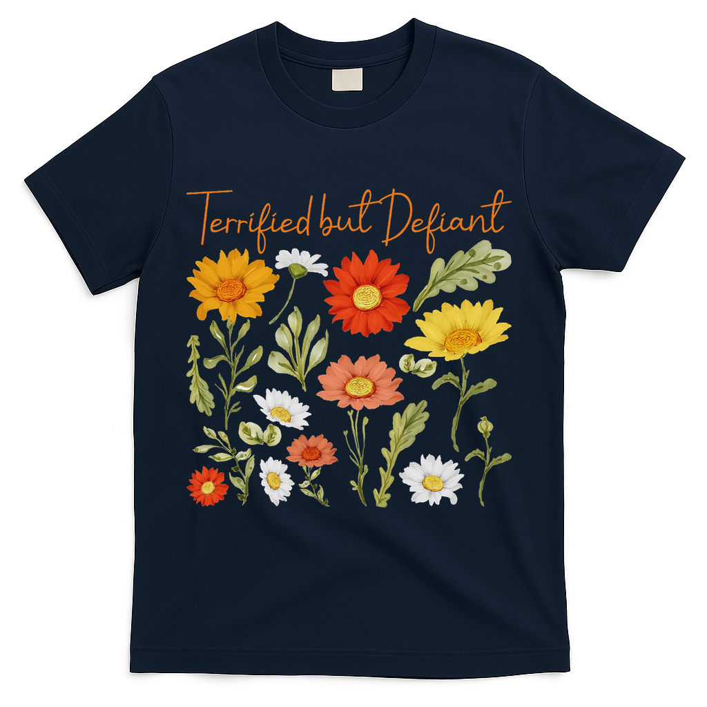 Terrified But Defiant Boho Floral Subtle Anti Trump Flower T-Shirt - Navy