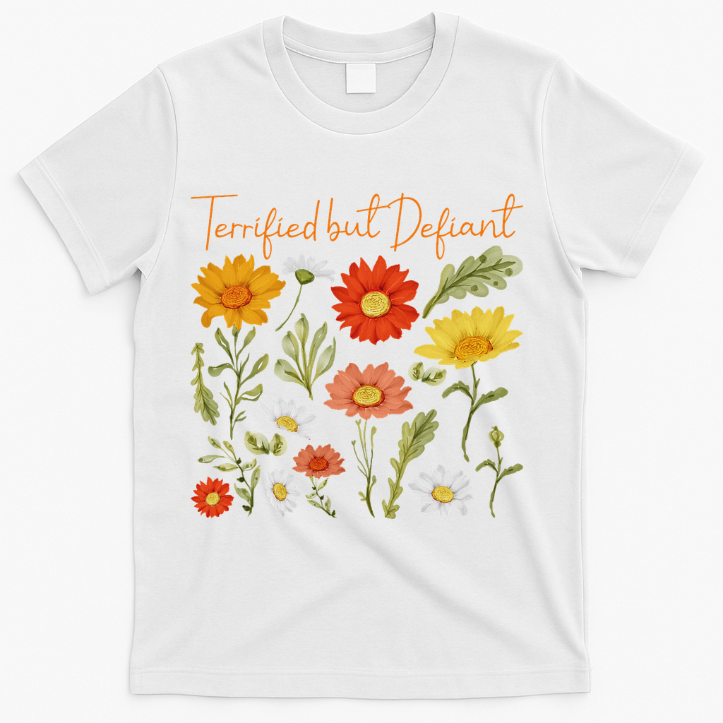 Terrified But Defiant Boho Floral Subtle Anti Trump Flower T-Shirt - White