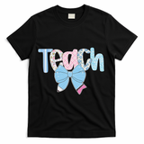 Teach Coquette Bow Teacher Happy First Day Back To School T-Shirt - Black