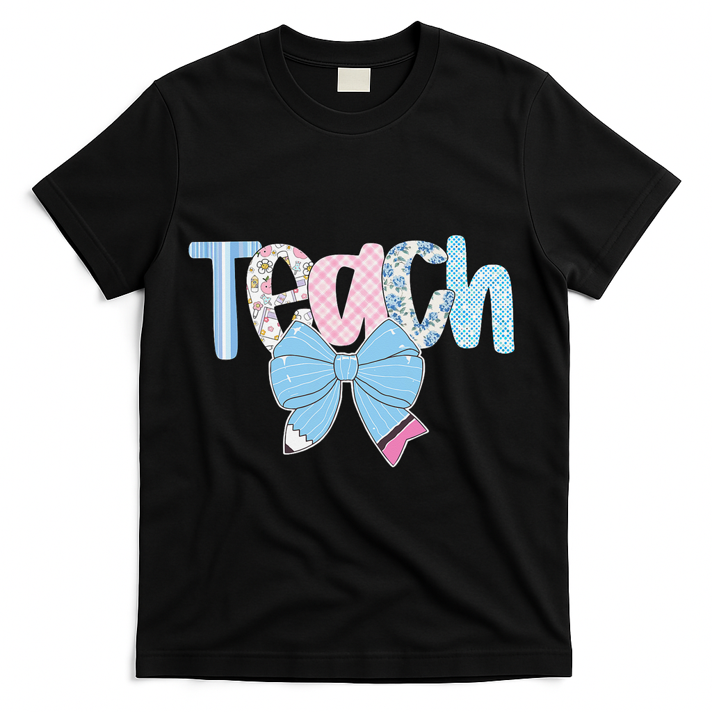 Teach Coquette Bow Teacher Happy First Day Back To School T-Shirt - Black