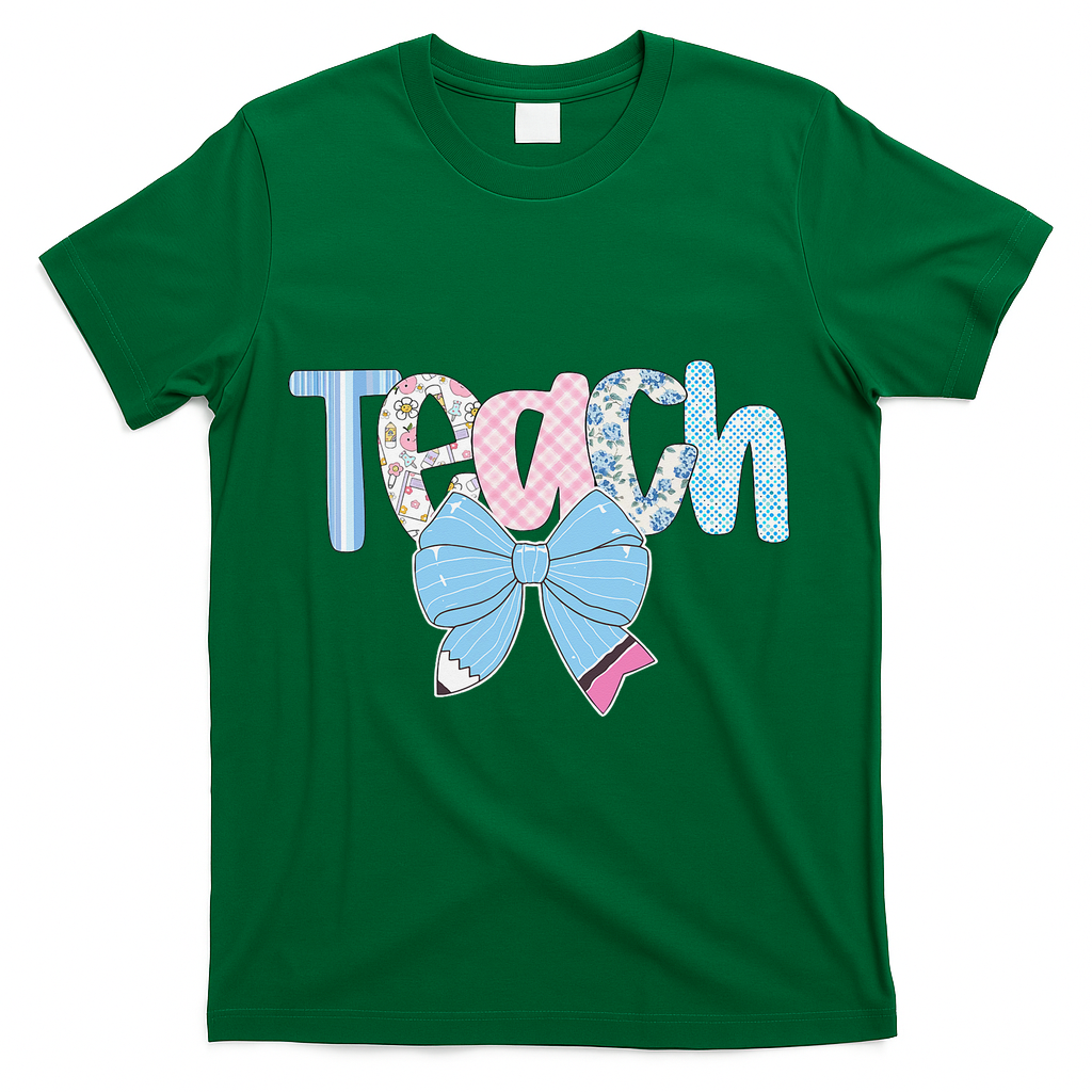 Teach Coquette Bow Teacher Happy First Day Back To School T-Shirt - Green