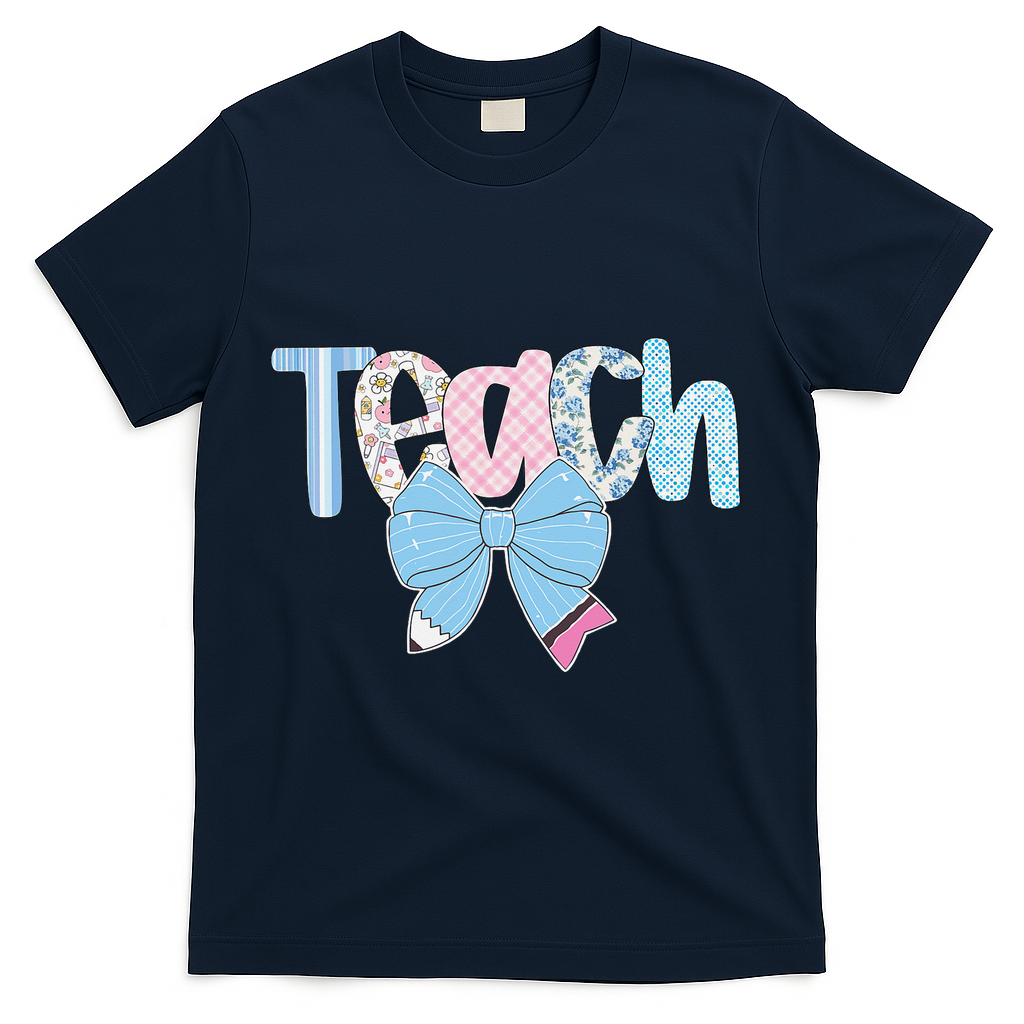 Teach Coquette Bow Teacher Happy First Day Back To School T-Shirt - Navy