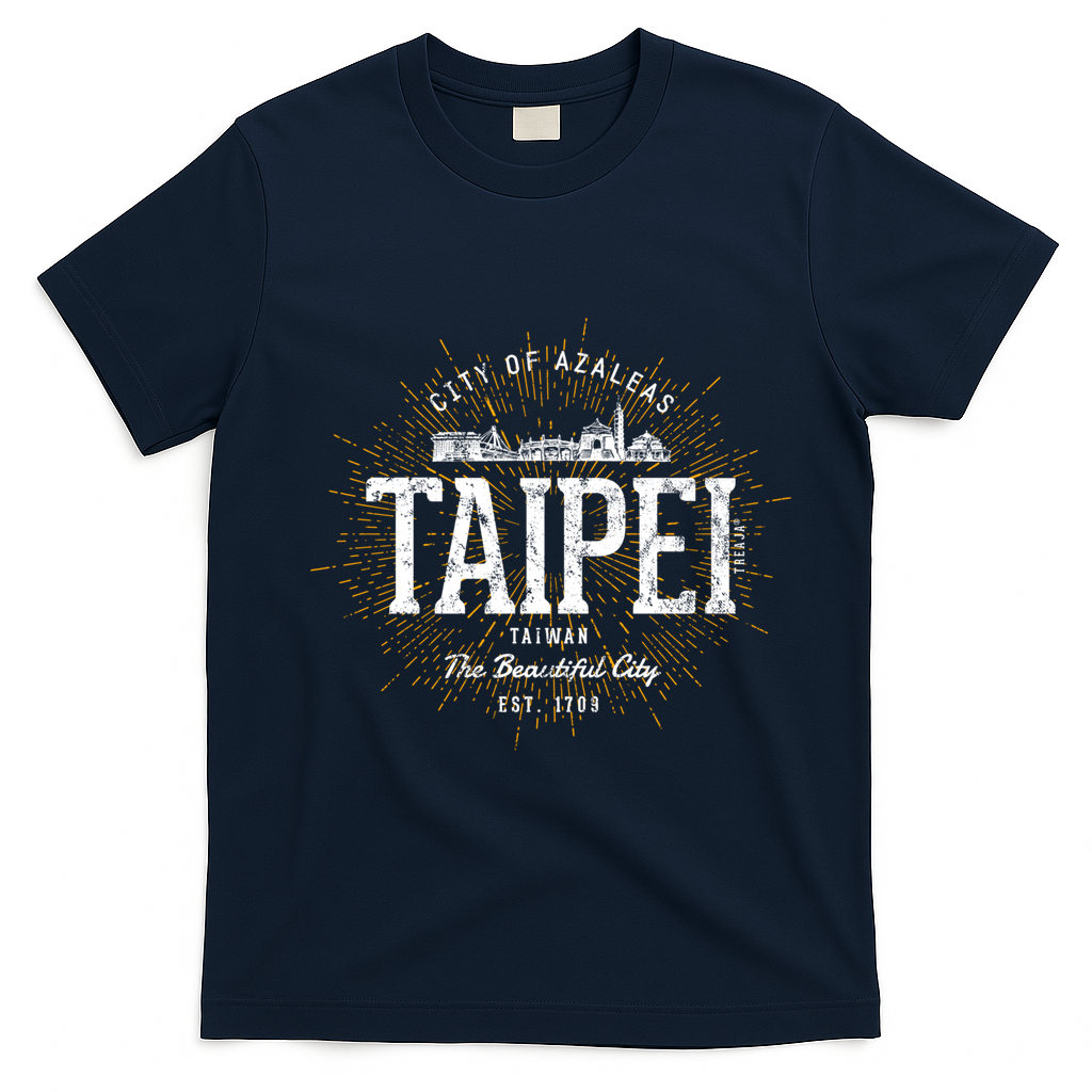 Taipei City of Azaleas Vintage Graphic Art T-Shirt - Navy Blue