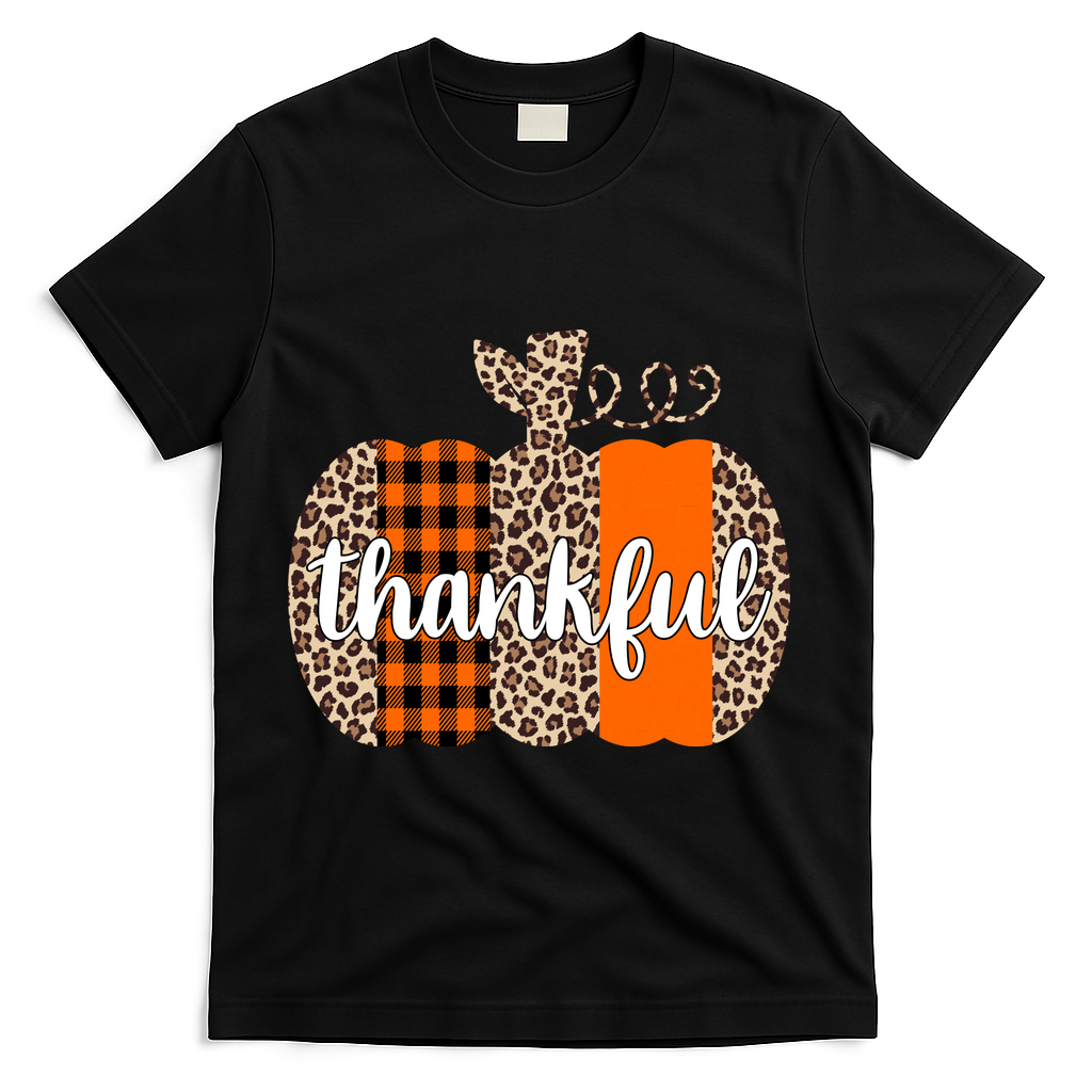 Thankful Cheetah Plaid Pumpkin Cute Holiday T-Shirt - Black