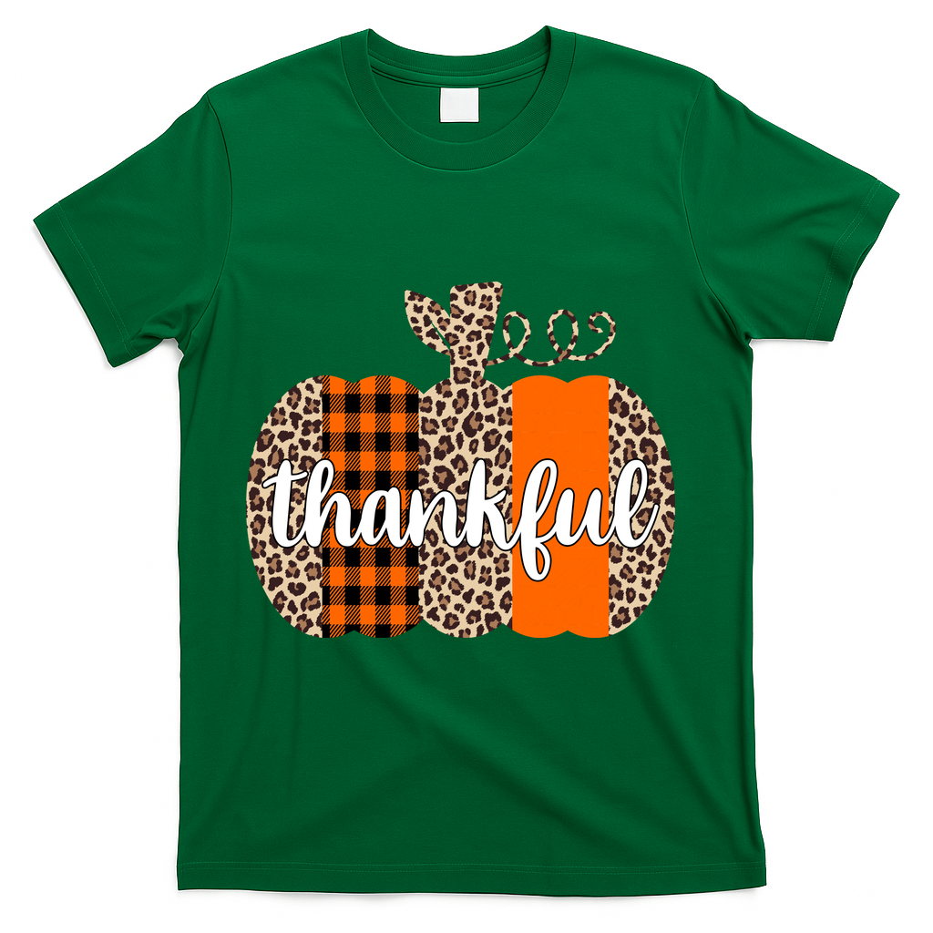 Thankful Cheetah Plaid Pumpkin Cute Holiday T-Shirt - Green