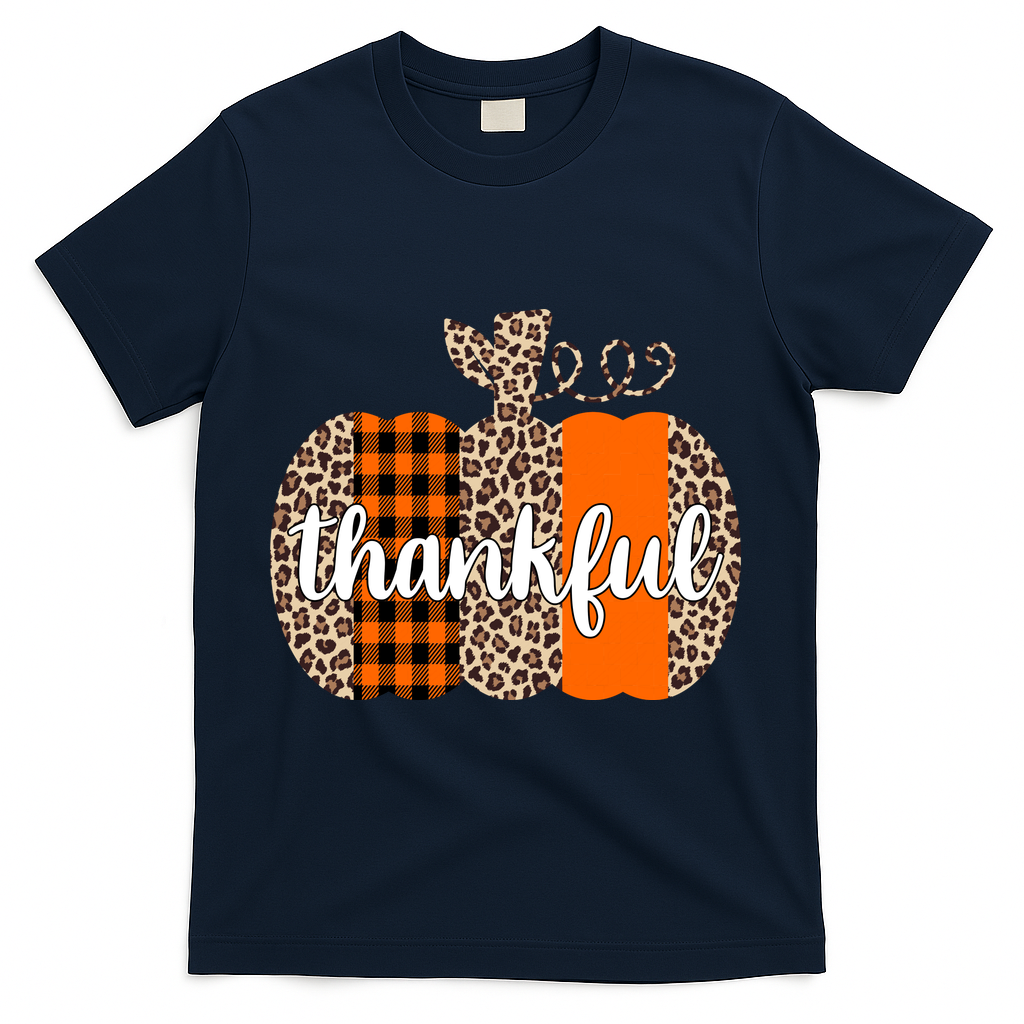Thankful Cheetah Plaid Pumpkin Cute Holiday T-Shirt - Navy