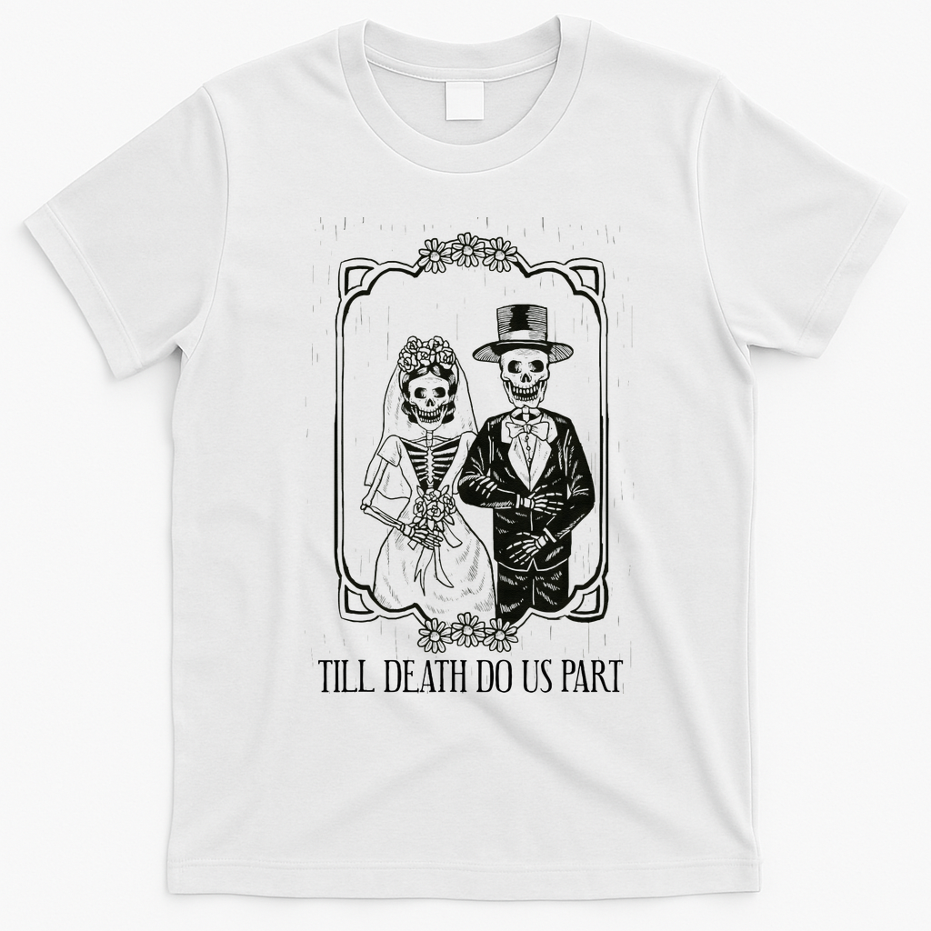 Till Death Do Us Part Skeleton Wedding Couple Valentines Day T-Shirt - White