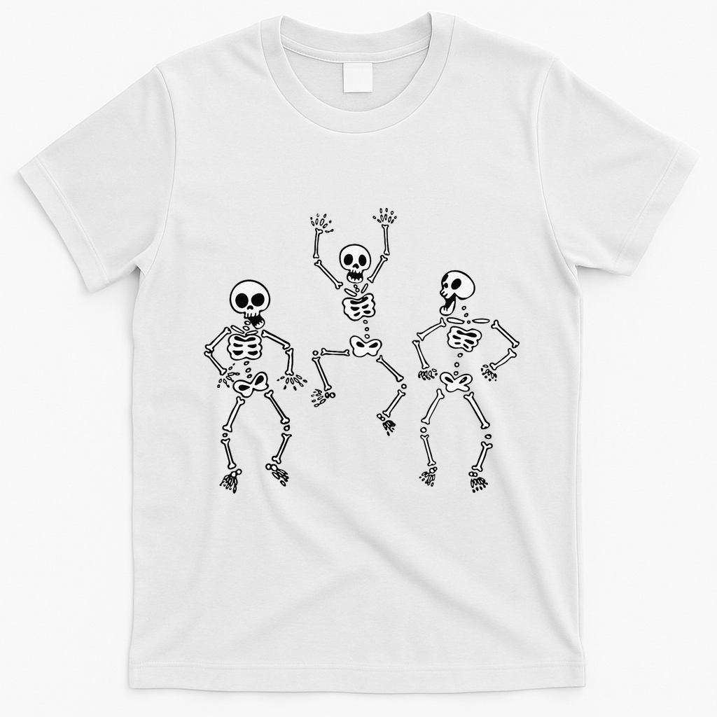 Three Dancing Funny Skeletons Halloween T-Shirt - White
