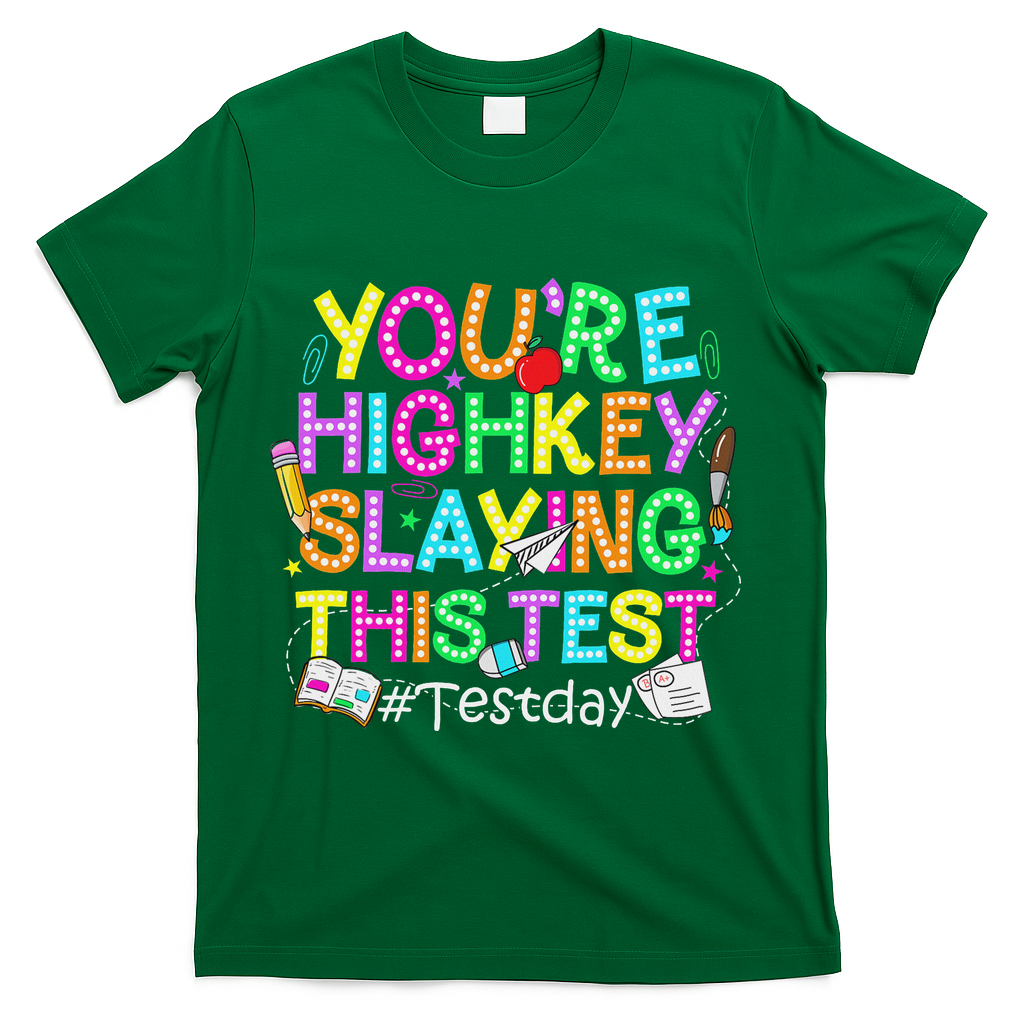 Test Day You're Highkey Slaying This Test Testing Teacher T-Shirt - Green