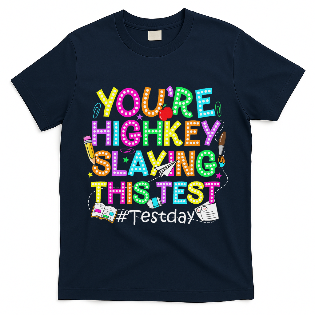 Test Day You're Highkey Slaying This Test Testing Teacher T-Shirt - Navy