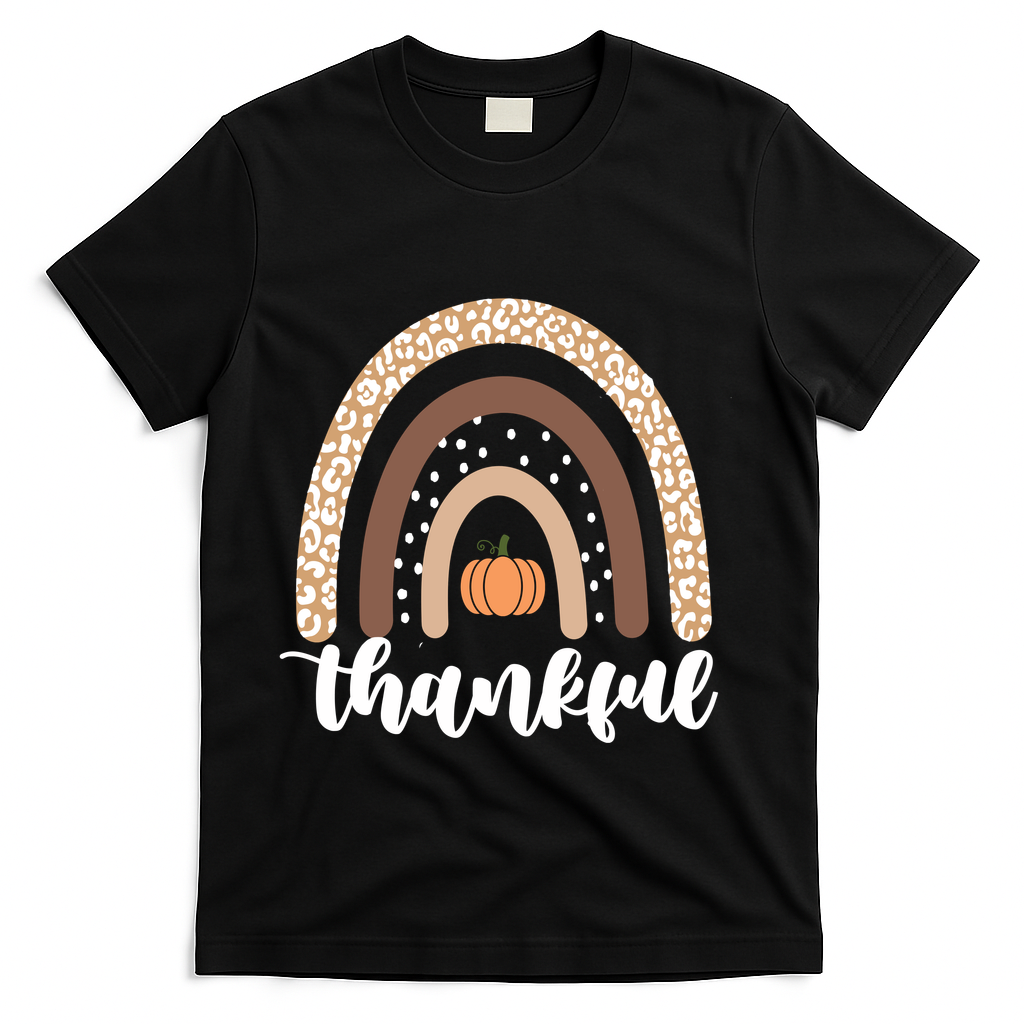 Thankful Fall Autumn Pumpkin Rainbow T-Shirt - Black