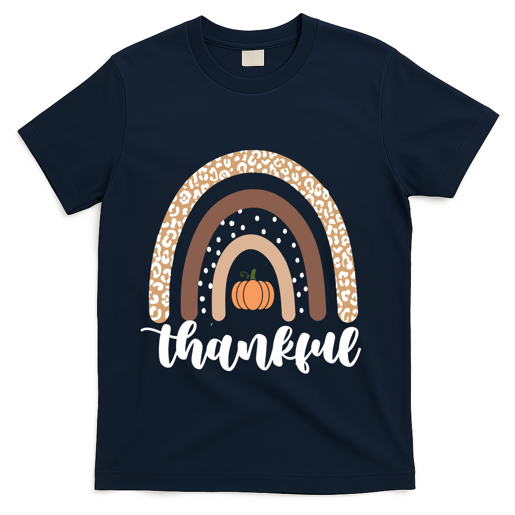 Thankful Fall Autumn Pumpkin Rainbow T-Shirt - Navy