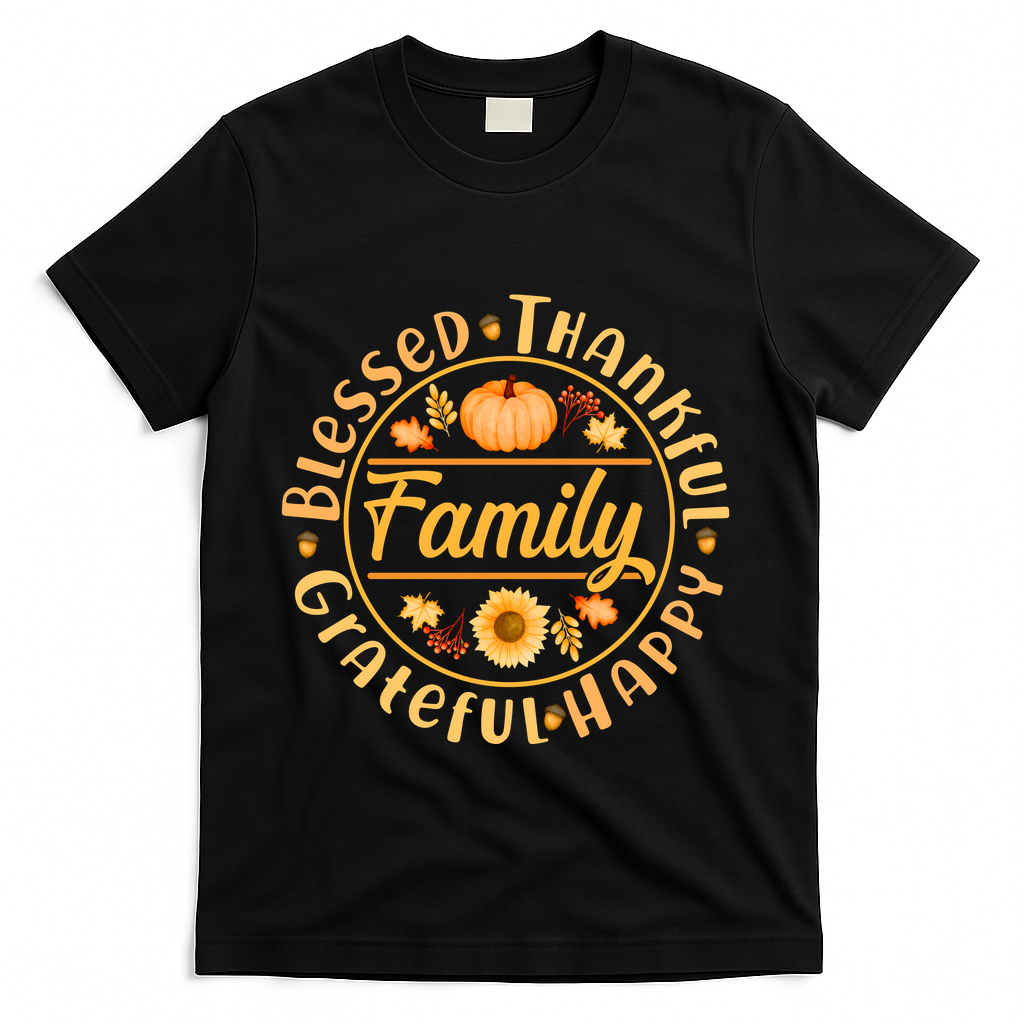 Thanksgiving Family Blessed Thankful Grateful Happy Emblem T-Shirt - Black