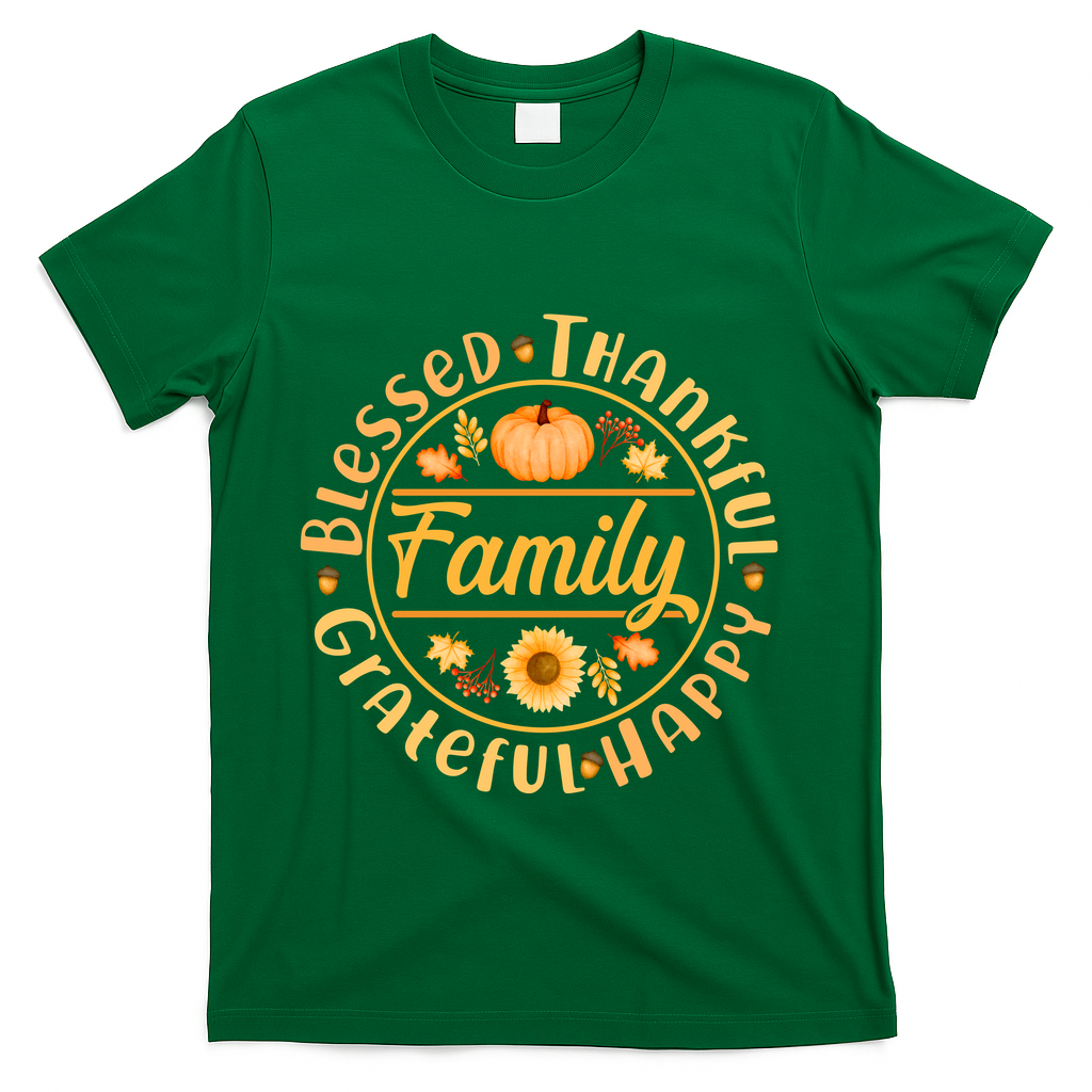 Thanksgiving Family Blessed Thankful Grateful Happy Emblem T-Shirt - Green