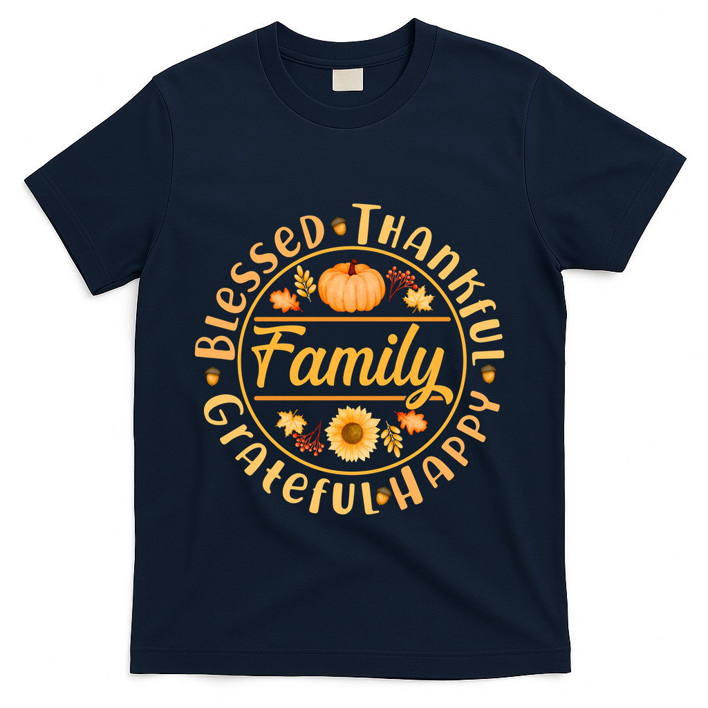 Thanksgiving Family Blessed Thankful Grateful Happy Emblem T-Shirt - Navy