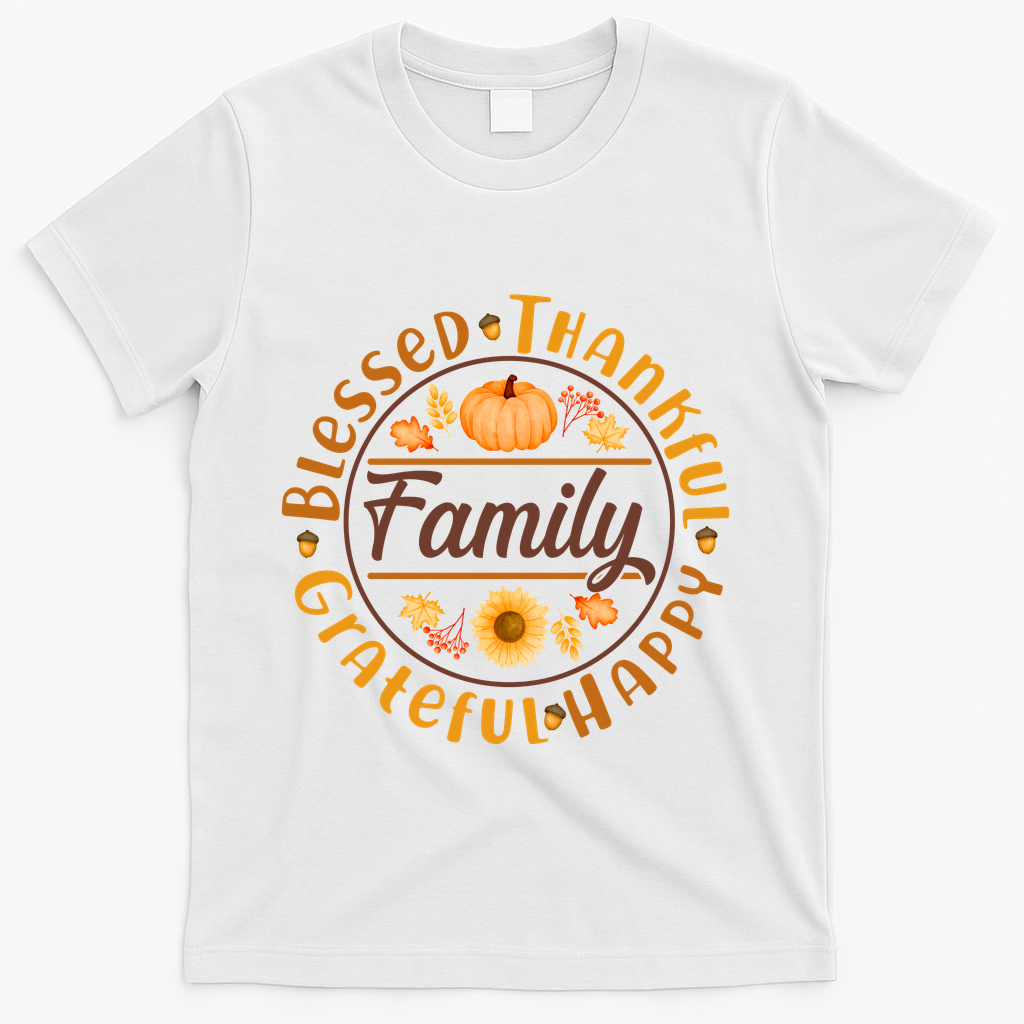 Thanksgiving Family Blessed Thankful Grateful Happy Emblem T-Shirt - White