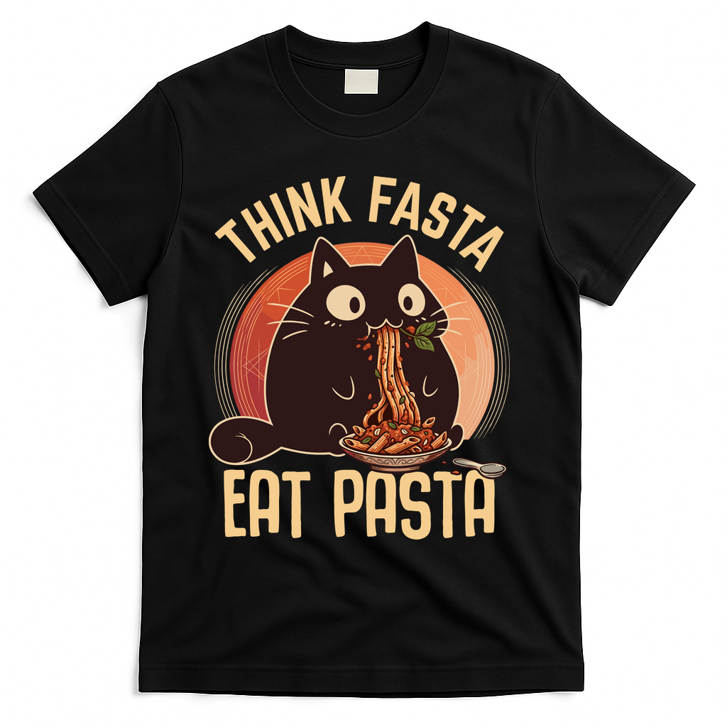 Think Fasta Eat Pasta Cat T-Shirt - Black