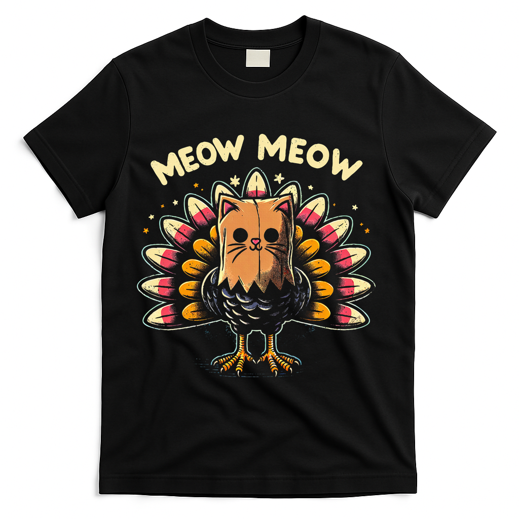Thanksgiving For Women Meow Cat Turkey T-Shirt - Black