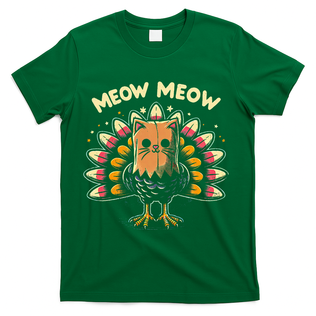 Thanksgiving For Women Meow Cat Turkey T-Shirt - Green