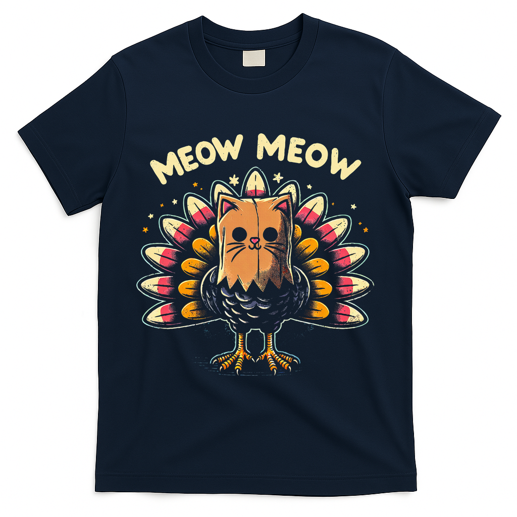 Thanksgiving For Women Meow Cat Turkey T-Shirt - Navy